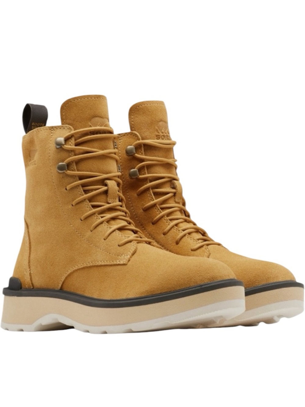 New SOREL Hi-Line Leather Platform Combat Boots Geo Yellow/Jet Waterproof Size 9